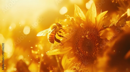 Close-up of Bee Collecting Pollen from Sunflower - Detailed Macro Shot in Nature