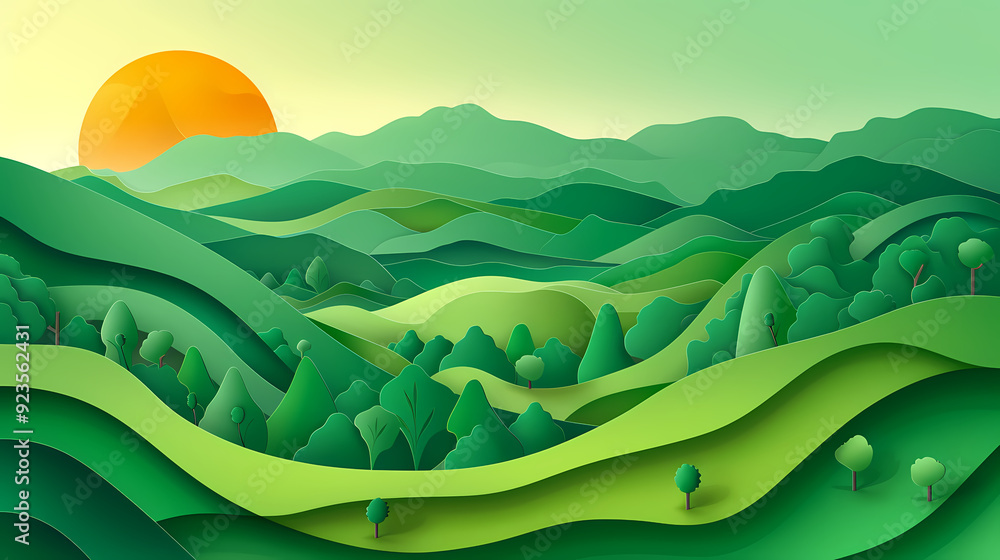 Obraz premium Green nature mountains landscape.3d Paper cut abstract minimal nature scene, template background.Vector illustration.