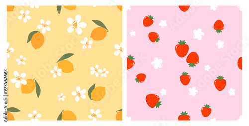Seamless patterns of lemon, green leaves, white flower and red strawberries on yellow and pink backgrounds vector. Cute fruit print.