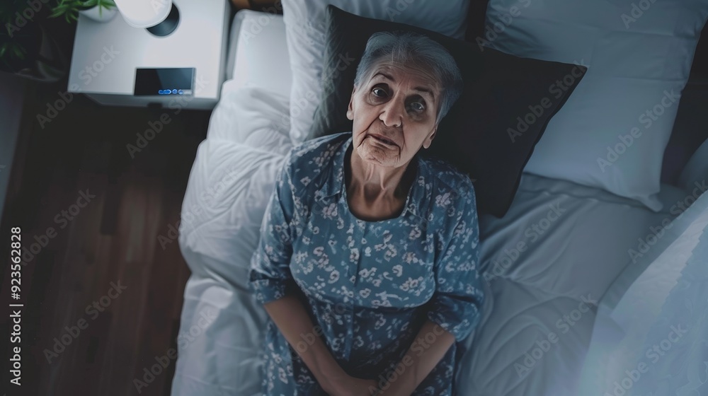 Fototapeta premium Senior Woman Suffering from Insomnia and Anxiety in Bed, Depressed and Stressed Elderly Female Experiencing Menopause and Mental Health Crisis