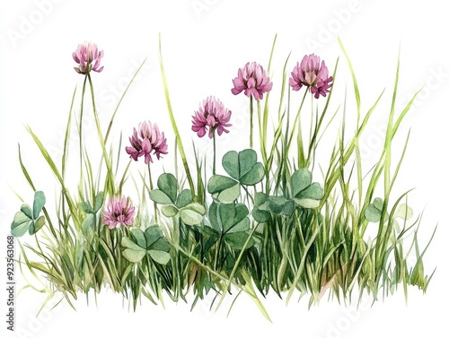 A stunning watercolor depicting a lush verdant meadow filled with thriving grass and delicate pink clover flowers