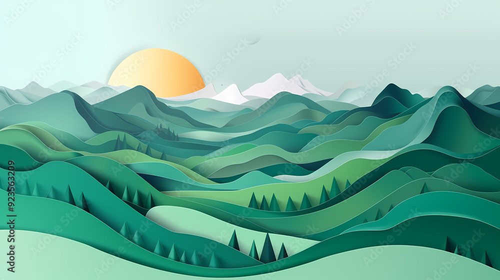 Green nature mountains landscape.3d Paper cut abstract minimal nature scene, template background.Vector illustration. Green nature mountains landscape.3d Paper cut abstract minimal nature scene, template background.Vector illustration.