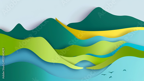 Green nature mountains landscape.3d Paper cut abstract minimal nature scene, template background.Vector illustration.