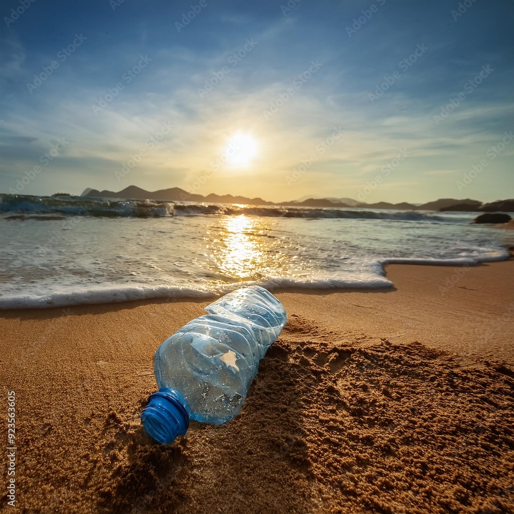 Plastic Pollution on the Beach A discarded plastic bottle lays half-buried in the sand, a stark reminder of the environmental impact of human waste. Plastic Pollution on the Beach A discarded plastic bottle lays half-buried in the sand, a stark reminder of the environmental impact of human waste.
