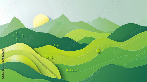 Green nature mountains landscape.3d Paper cut abstract minimal nature scene, template background.Vector illustration.