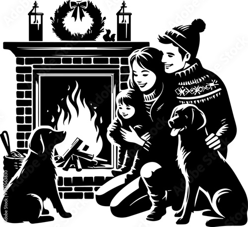 christmas greeting card and silhouette of a happy familly at home