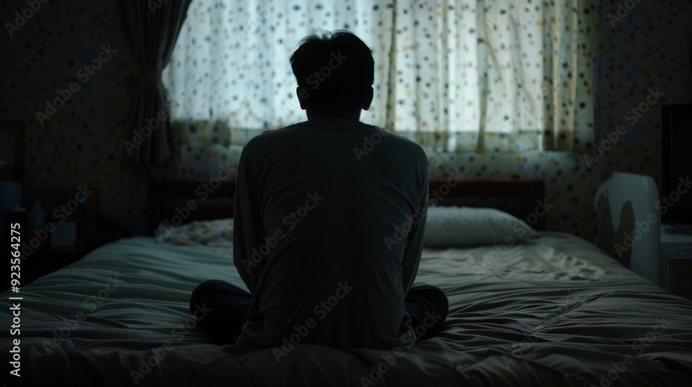 Silhouette of Depressed Man Sitting Alone on Bed, Suffering from Insomnia and Depression in Dark Bedroom, Mental Health Concept Silhouette of Depressed Man Sitting Alone on Bed, Suffering from Insomnia and Depression in Dark Bedroom, Mental Health Concept