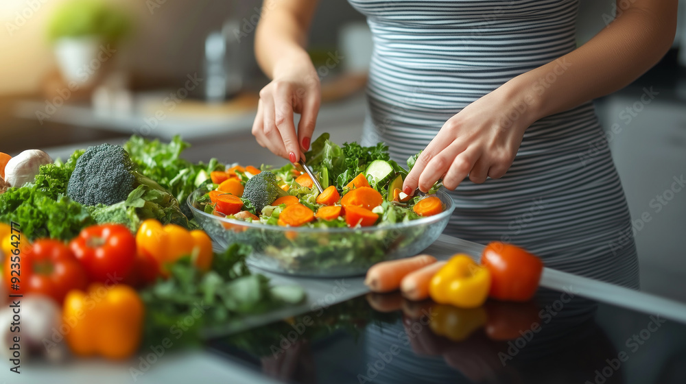 Beautiful young woman preparing a healthy vegetables salad in a kitchen with fresh ingredients. Healthy lifestyle, nutrition and dieting concept. Beautiful young woman preparing a healthy vegetables salad in a kitchen with fresh ingredients. Healthy lifestyle, nutrition and dieting concept.