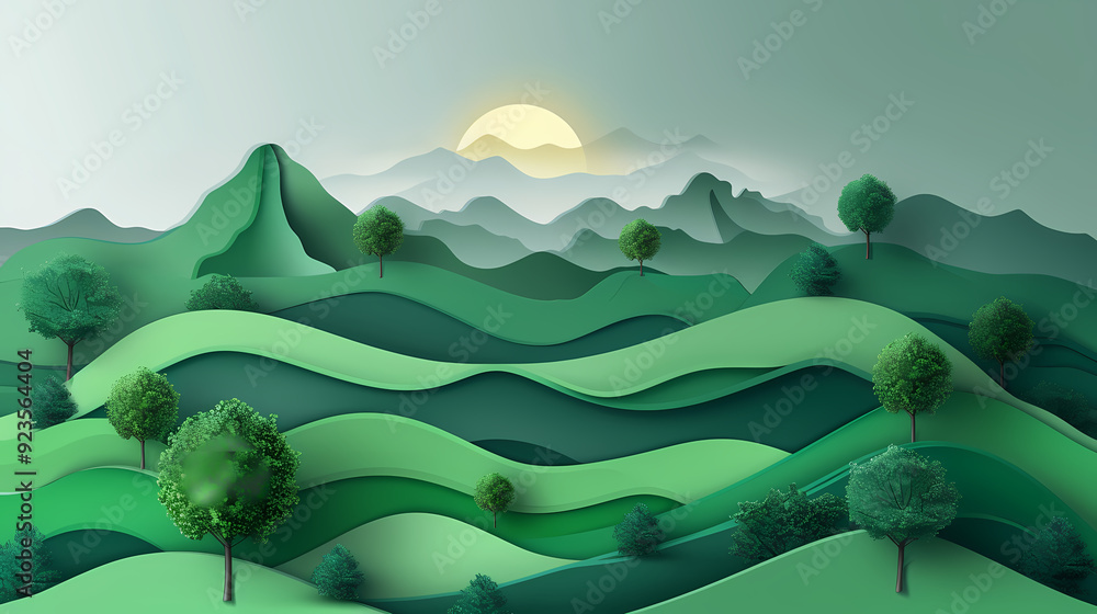 Green nature mountains landscape.3d Paper cut abstract minimal nature scene, template background.Vector illustration. Green nature mountains landscape.3d Paper cut abstract minimal nature scene, template background.Vector illustration.