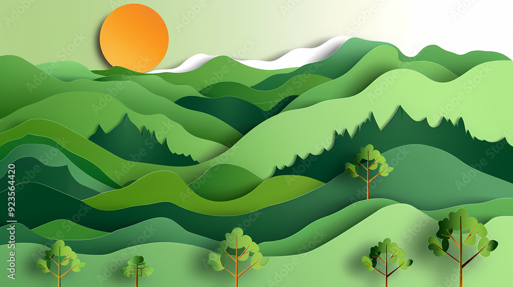 Obraz premium Green nature mountains landscape.3d Paper cut abstract minimal nature scene, template background.Vector illustration.