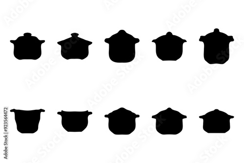 Boiling pot silhouette icon set. Cooking ware flat design