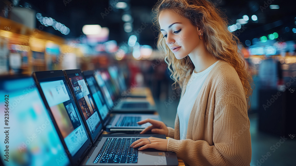 Portrait of a Stylish Female Looking at a Variety of Modern Laptops with High Quality Resolution Displays and Vivid Color Transmission. Client Shopping for a Computer in a Home Electronics Store. Portrait of a Stylish Female Looking at a Variety of Modern Laptops with High Quality Resolution Displays and Vivid Color Transmission. Client Shopping for a Computer in a Home Electronics Store.