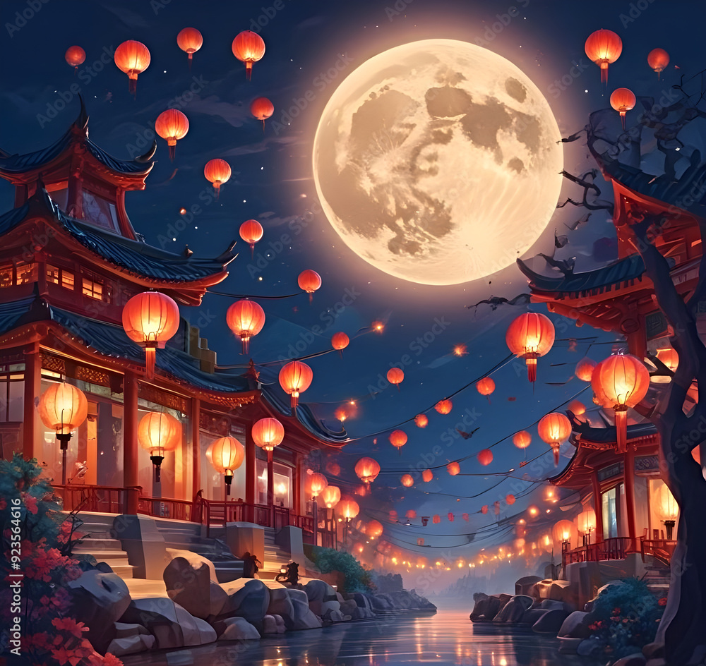 Fototapeta premium Mid-autumn festival background banner, image of a big full moon in the night sky, surrounded by colorful lanterns.