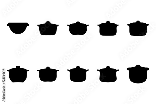 Boiling pot silhouette icon set. Cooking ware flat design