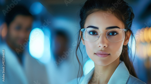 Female Software Developer Focused on Collaborative Industrial Tech Project with Diverse Indian Colleagues in Research Laboratory.