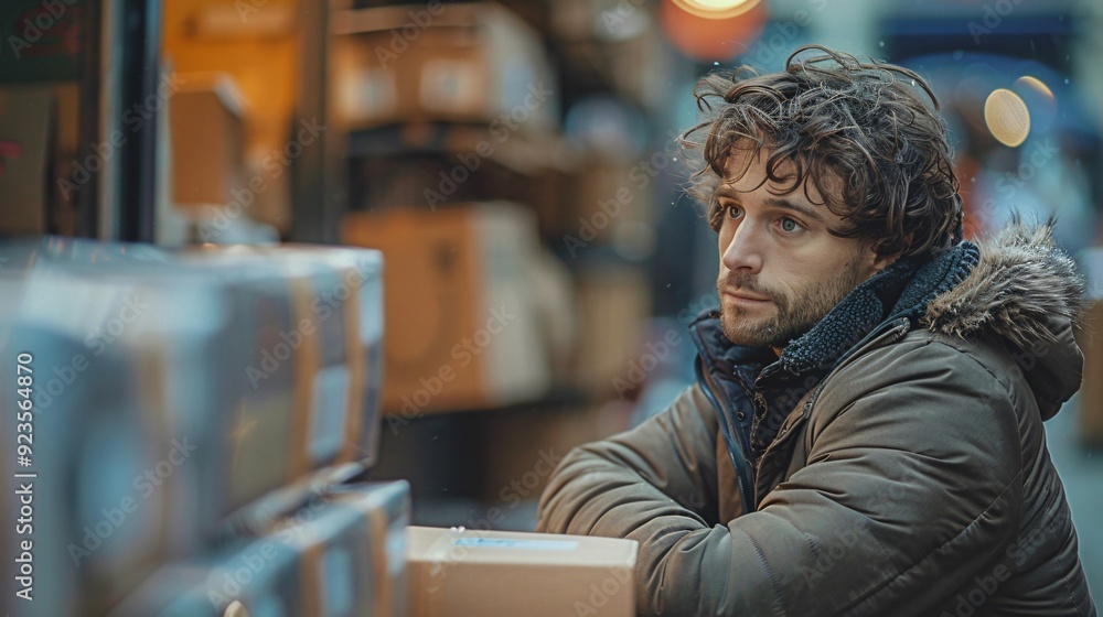 A young man leans on a stack of boxes, lost in thought, surrounded by the hustle of a city evening A young man leans on a stack of boxes, lost in thought, surrounded by the hustle of a city evening