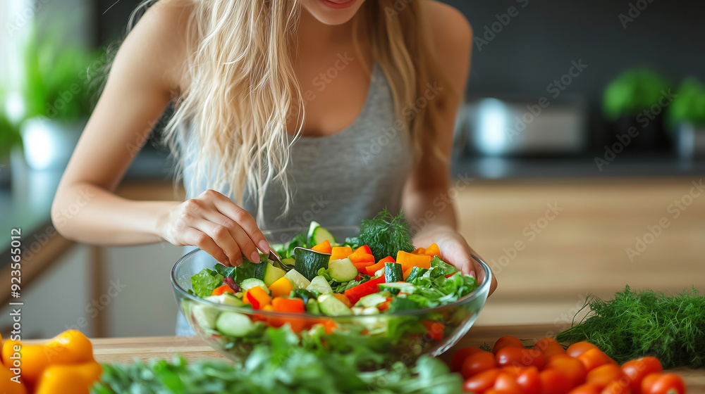Beautiful young woman preparing a healthy vegetables salad in a kitchen with fresh ingredients. Healthy lifestyle, nutrition and dieting concept. Beautiful young woman preparing a healthy vegetables salad in a kitchen with fresh ingredients. Healthy lifestyle, nutrition and dieting concept.