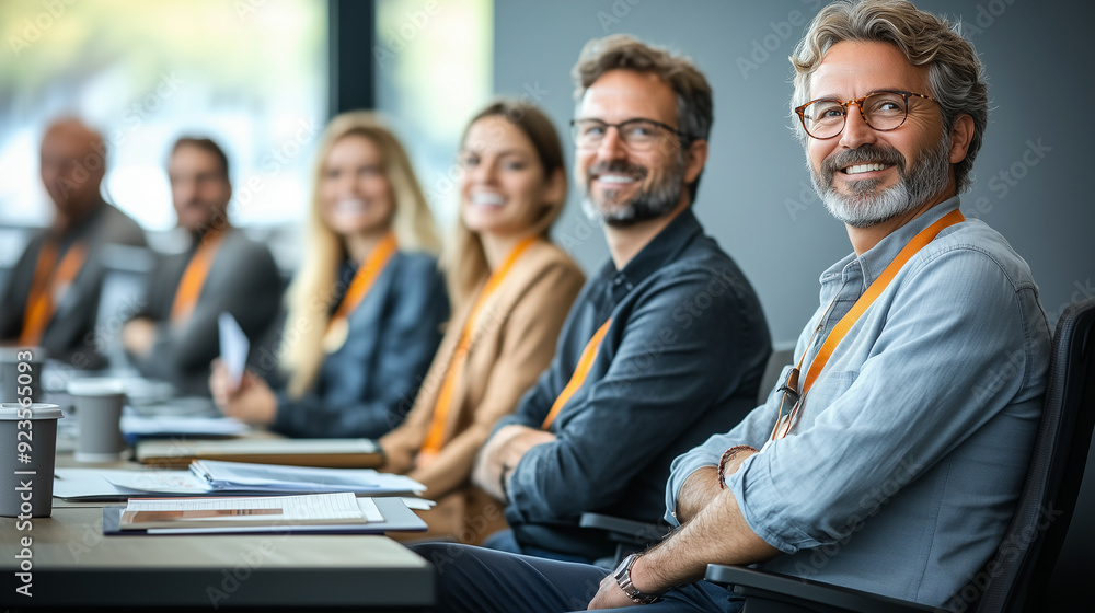 Obraz premium Office colleagues having casual discussion during meeting in conference room. Group of men and women sitting in conference room and smiling.