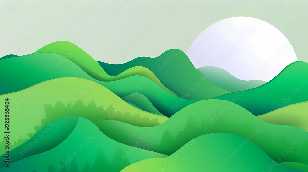 Obraz premium Green nature mountains landscape.3d Paper cut abstract minimal nature scene, template background.Vector illustration.