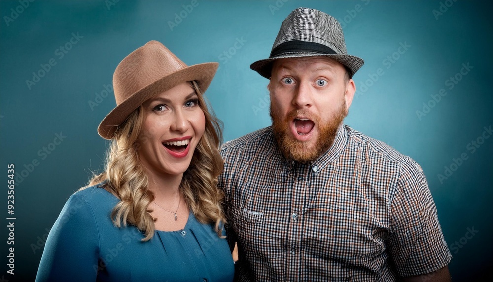 The Quirky man and his wife Playful duo in hats embrace their silly side, making funny faces against a moody backdrop. The Quirky man and his wife Playful duo in hats embrace their silly side, making funny faces against a moody backdrop.