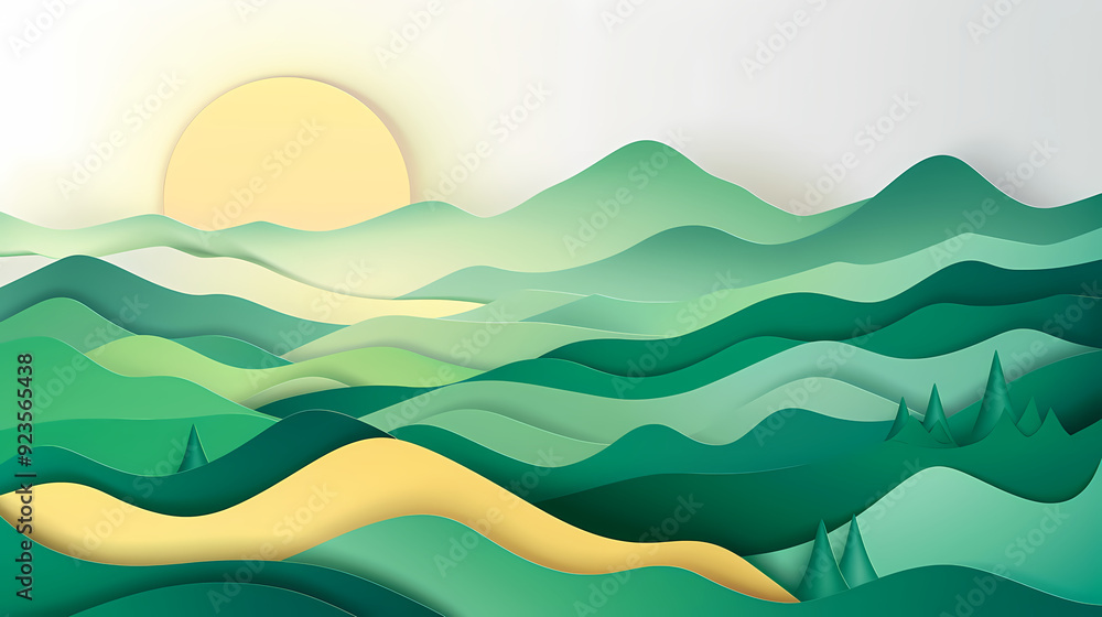 Fototapeta premium Green nature mountains landscape.3d Paper cut abstract minimal nature scene, template background.Vector illustration.