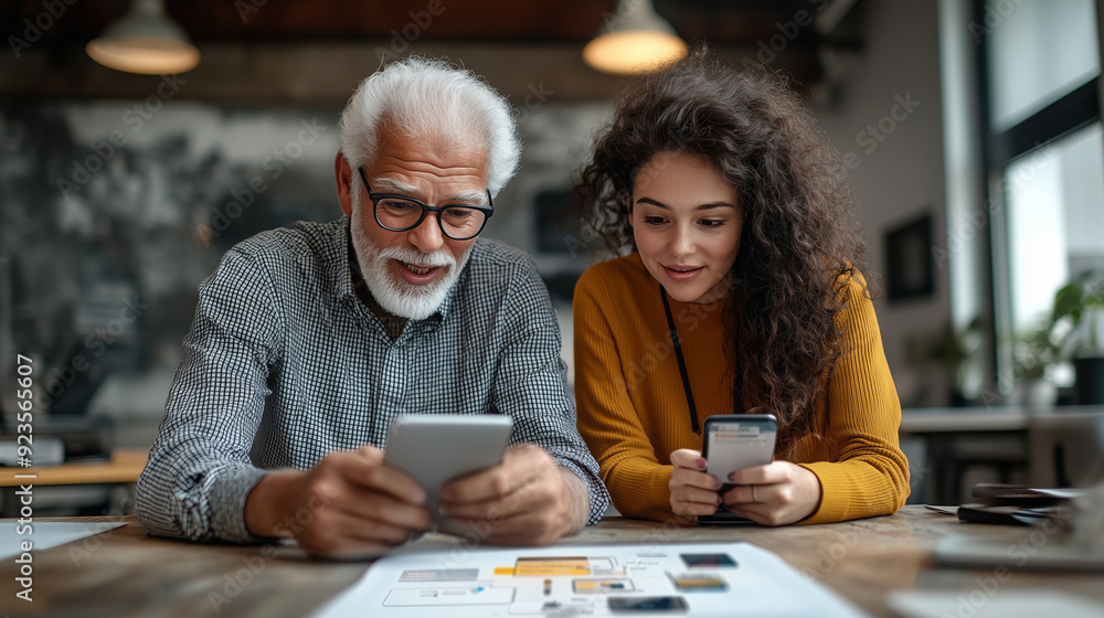 A Senior Man and a Young Woman Collaborating on an App Design in a Modern Office. A Senior Man and a Young Woman Collaborating on an App Design in a Modern Office.