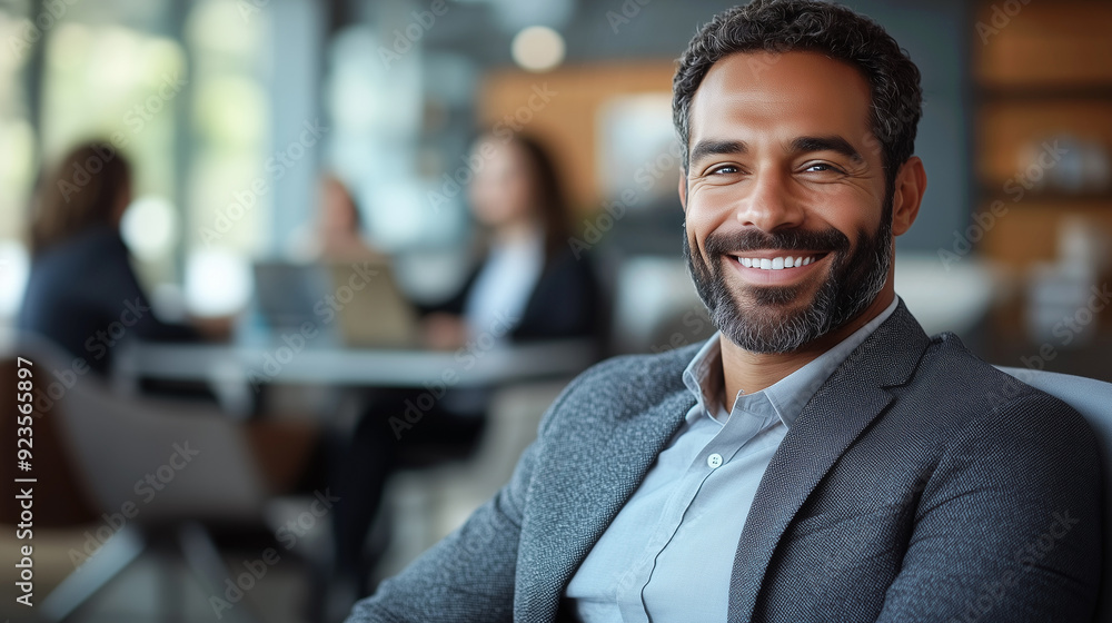 Portrait of a business man sitting in an office with his colleagues in the background. Happy business man working in a co-working office. Portrait of a business man sitting in an office with his colleagues in the background. Happy business man working in a co-working office.