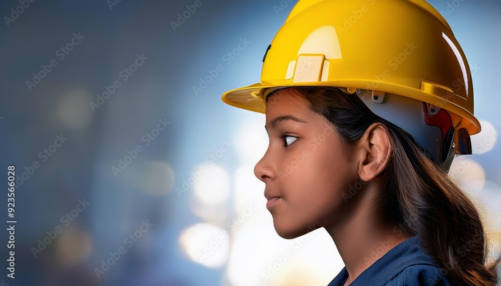Young Engineer in the Making Profile of a young girl wearing a yellow hard hat, her face illuminated with determination and a spark of inspiration, hinting at a bright future in STEM. Young Engineer in the Making Profile of a young girl wearing a yellow hard hat, her face illuminated with determination and a spark of inspiration, hinting at a bright future in STEM.