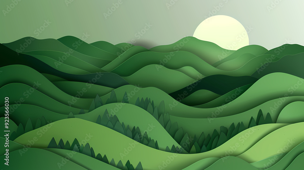 Obraz premium Green nature mountains landscape.3d Paper cut abstract minimal nature scene, template background.Vector illustration.