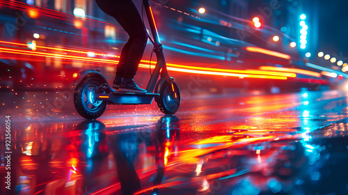  A person riding an electric scooter on a dimly lit street at night, illuminated by city lights in the background.