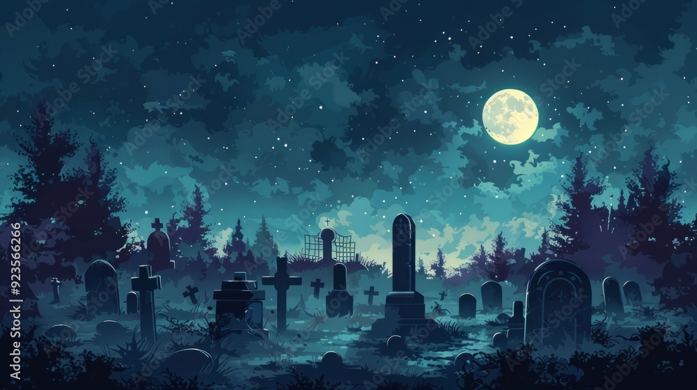 Naklejka premium Mysterious graveyard under a full moon with dark clouds and silhouettes of trees at night