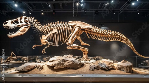 A large dinosaur skeleton stands prominently in a museum, surrounded by rocks, highlighting the wonders of ancient life