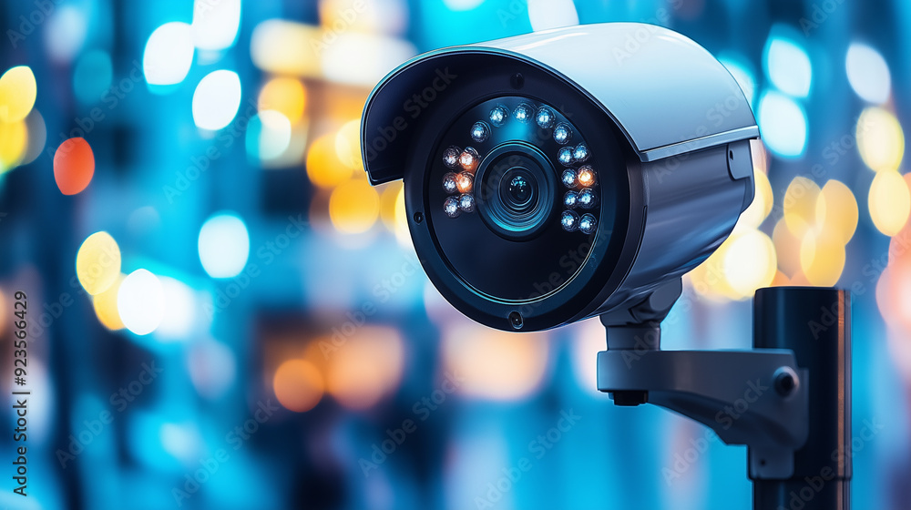 Modern cctv security camera against a backdrop of outoffocus lights, symbolizing vigilance. Modern cctv security camera against a backdrop of outoffocus lights, symbolizing vigilance.