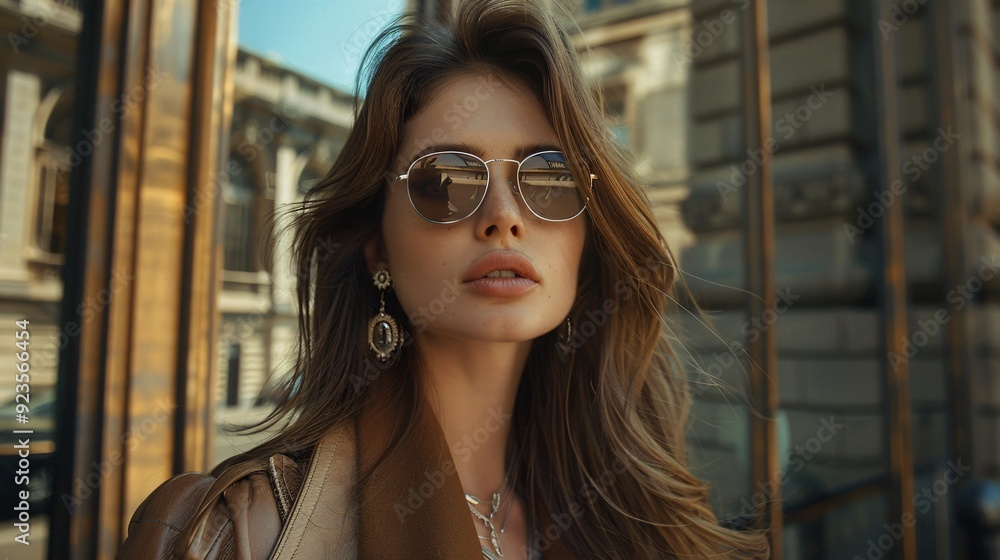 A fashionable woman stands outdoors, wearing sunglasses and elegant accessories, exuding confidence in a chic urban environment A fashionable woman stands outdoors, wearing sunglasses and elegant accessories, exuding confidence in a chic urban environment