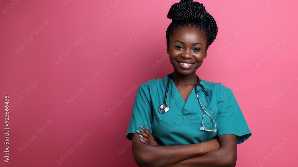 A professional in scrubs stands with arms crossed, smiling warmly against a vibrant pink background A professional in scrubs stands with arms crossed, smiling warmly against a vibrant pink background