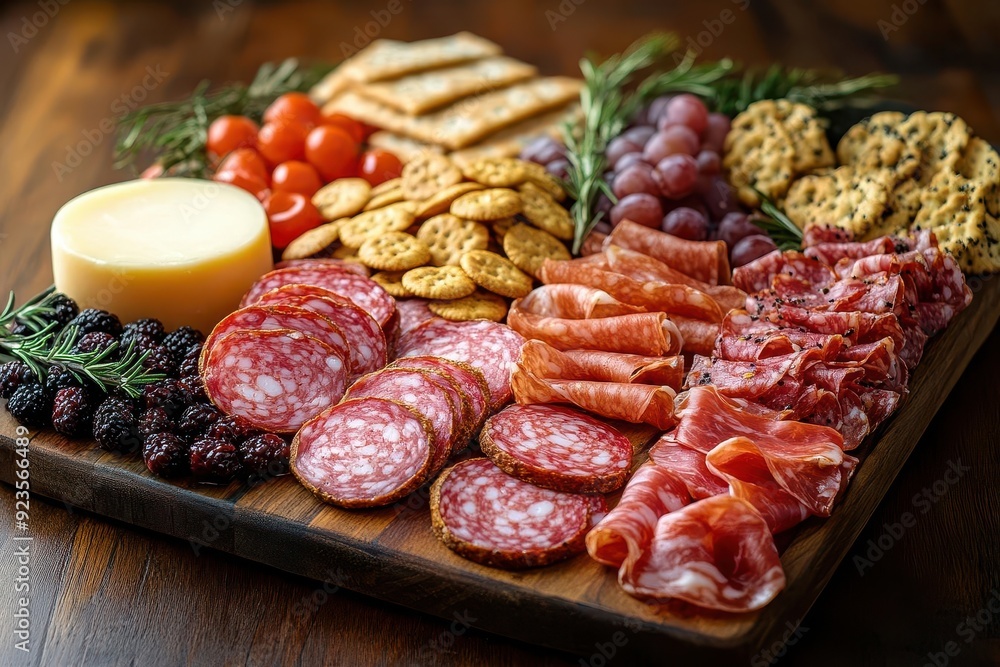 artfully arranged charcuterie board with variety of meats cheeses crackers and fruits rich colors and textures on rustic wooden surface gourmet presentation emphasizing abundance and quality artfully arranged charcuterie board with variety of meats cheeses crackers and fruits rich colors and textures on rustic wooden surface gourmet presentation emphasizing abundance and quality