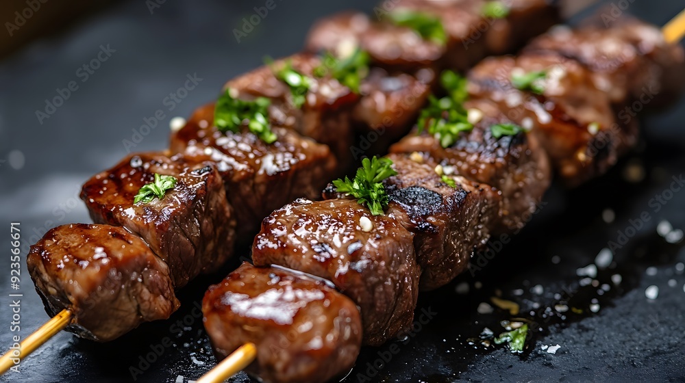 Juicy grilled beef kebabs, skewers of marinated meat chunks, caramelized glazed surface, green herb garnish, close-up detailed food photography, black marble table background. Juicy grilled beef kebabs, skewers of marinated meat chunks, caramelized glazed surface, green herb garnish, close-up detailed food photography, black marble table background.