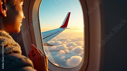 A woman is looking out the window of an airplane. The sun is setting and the sky is filled with clouds