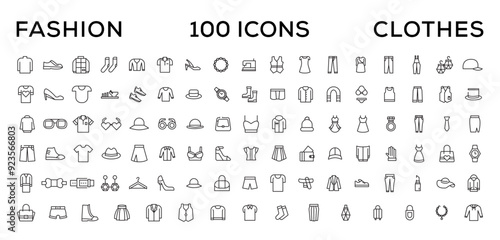 Fashion Minimal line icons collection. Jacket, Winter Coat, Sweatshirt, Dress, Hoody, Jeans, Hat icon for apps and website