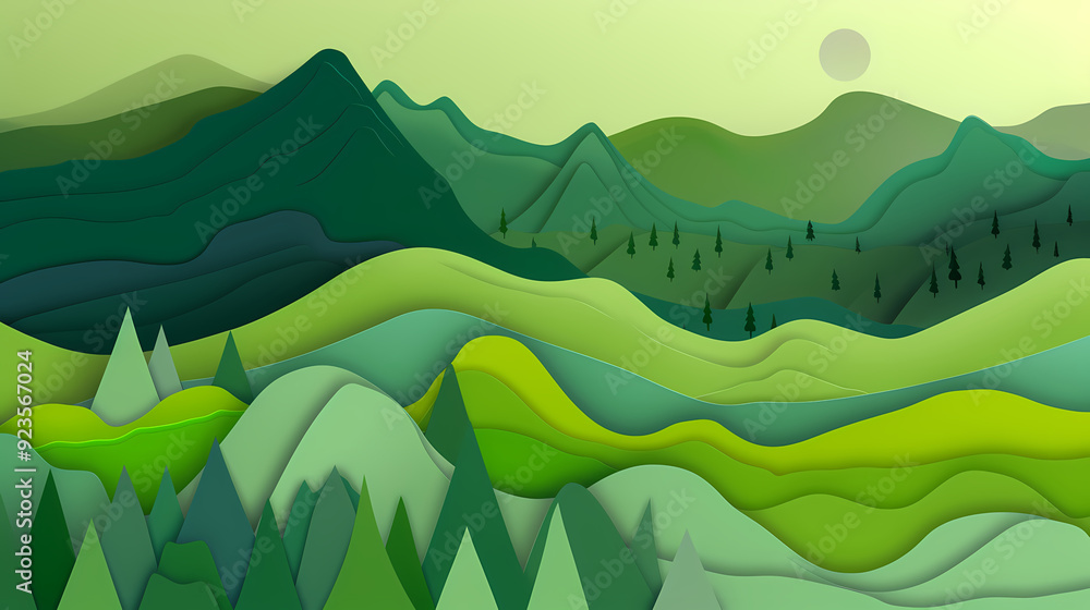 Obraz premium Green nature mountains landscape.3d Paper cut abstract minimal nature scene, template background.Vector illustration.