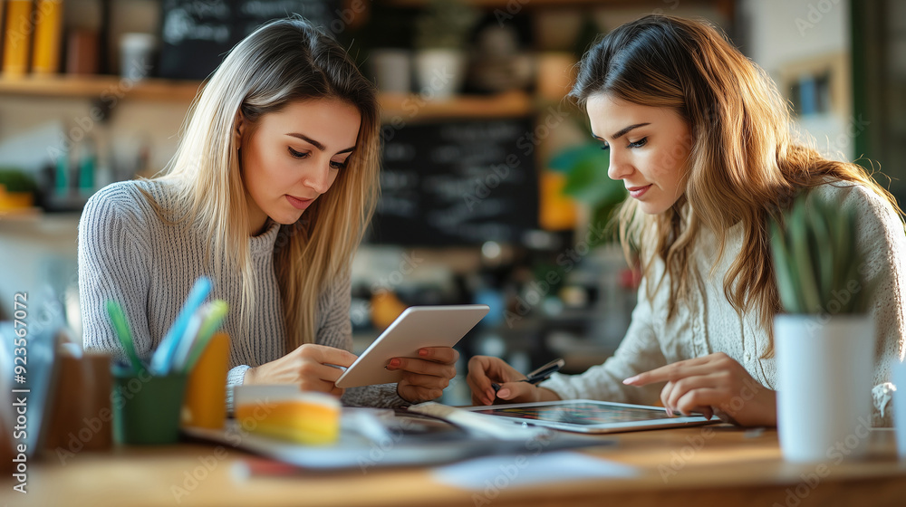 Two female workers consulting on their project while working with mock-up tablet on wooden table.