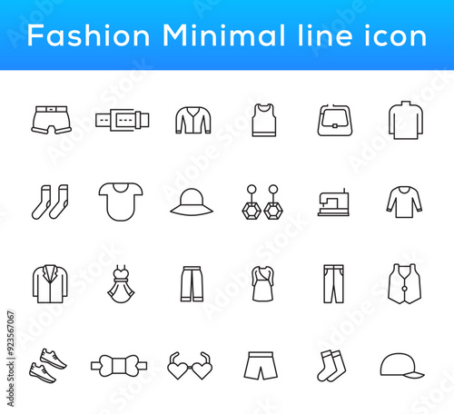 Fashion Minimal line icons collection. Jacket, Winter Coat, Sweatshirt, Dress, Hoody, Jeans, Hat icon for apps and website