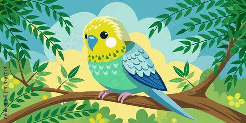 Cute budgie sitting on branch