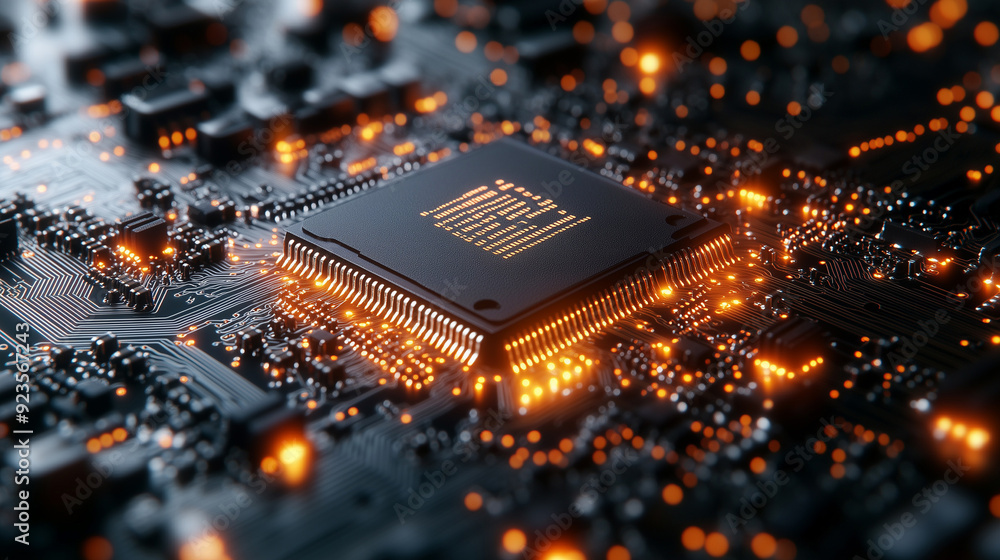 Close-Up View of a Microprocessor on a Circuit Board With Glowing Connections at Night. Close-Up View of a Microprocessor on a Circuit Board With Glowing Connections at Night.