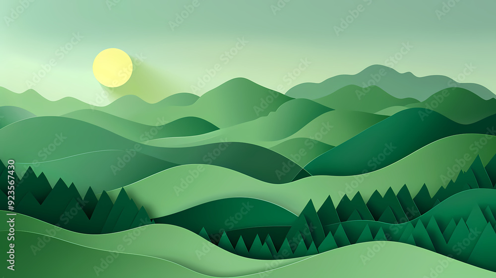 Obraz premium Green nature mountains landscape.3d Paper cut abstract minimal nature scene, template background.Vector illustration.