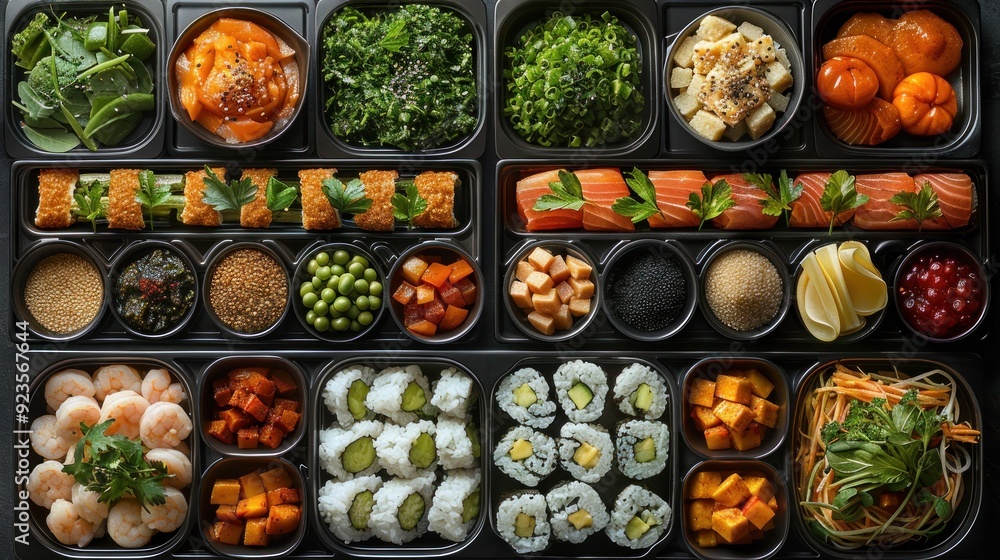 Assorted Japanese Bento Box with Sushi, Vegetables, and Seafood in Black Containers Assorted Japanese Bento Box with Sushi, Vegetables, and Seafood in Black Containers