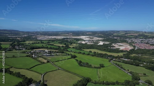 Newton Abbot, South Devon, England: DRONE VIEWS: The Bovey Basin showing farm fields, a main road and a ball clay quarry. The ball clay is transported to the nearby port of Teignmouth for export (1). photo