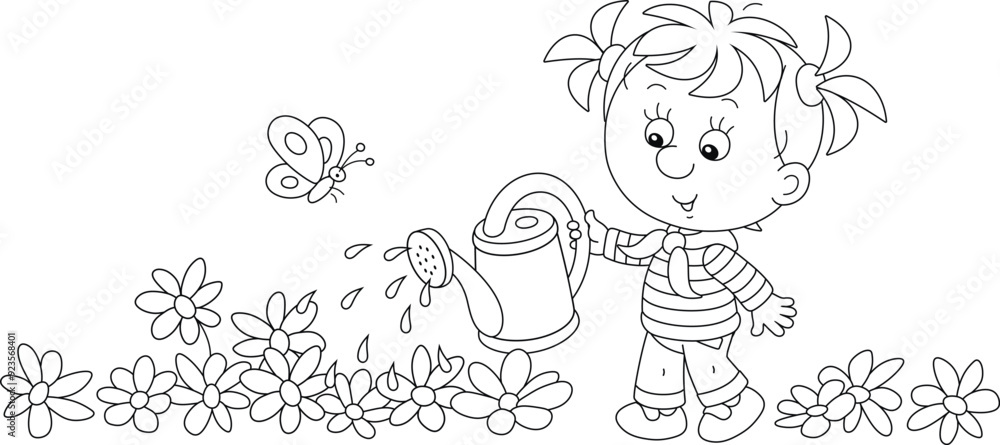 Obraz premium Happy little girl watering garden flowers on a pretty small flowerbed