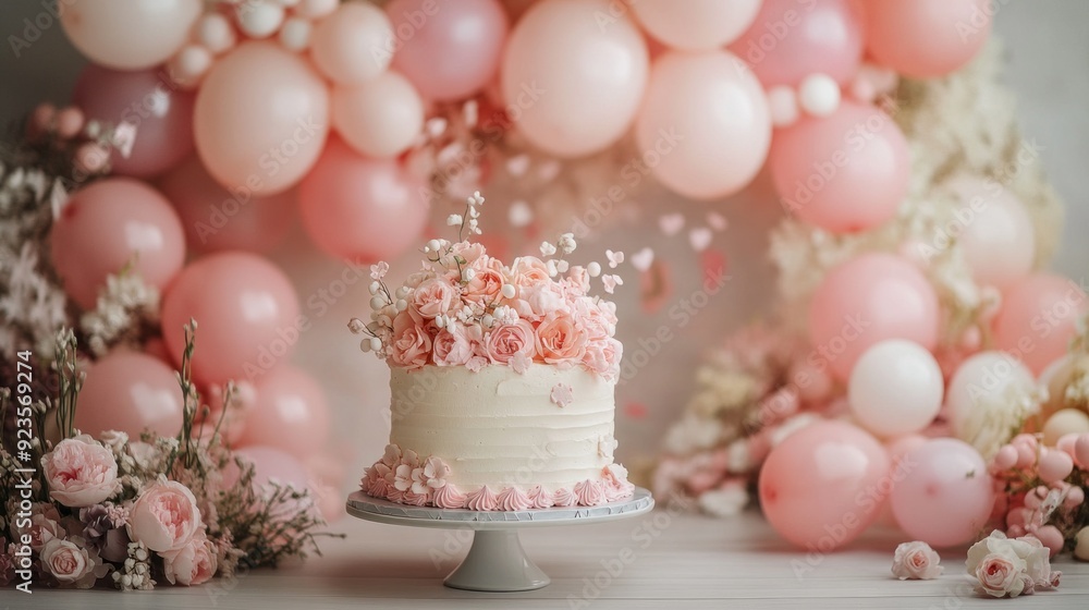 This stunning cake is the centerpiece of a joyful celebration, embellished with fresh flowers and surrounded by a dreamy balloon arrangement This stunning cake is the centerpiece of a joyful celebration, embellished with fresh flowers and surrounded by a dreamy balloon arrangement