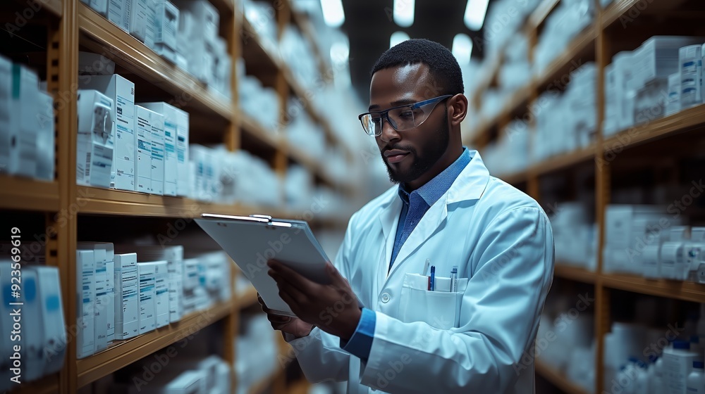 A professional pharmacist is checking inventory with a clipboard among shelves filled with medications in a modern pharmacy. A professional pharmacist is checking inventory with a clipboard among shelves filled with medications in a modern pharmacy.